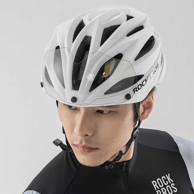 Rockbros Bike Helmet with Visor, Detachable UV Goggles, Unisex, Glossy - White 10