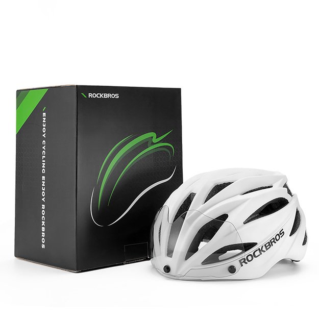 Rockbros Bike Helmet with Visor, Detachable UV Goggles, Unisex, Glossy - White 4