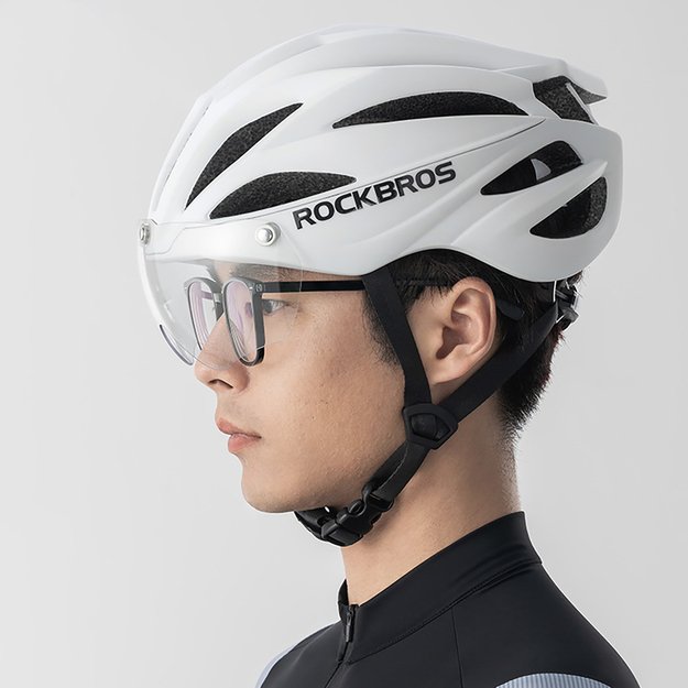 Rockbros Bike Helmet with Visor, Detachable UV Goggles, Unisex, Glossy - White 6