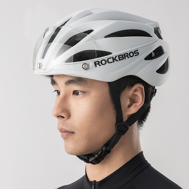 Rockbros Bike Helmet with Visor, Detachable UV Goggles, Unisex, Glossy - White 8