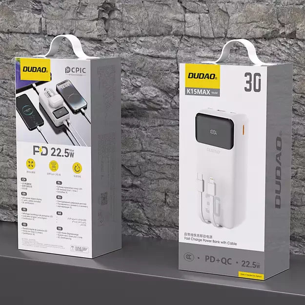 Dudao K15MAX 30000mAh PD 22.5W Powerbank with Built-in Cables - White 1