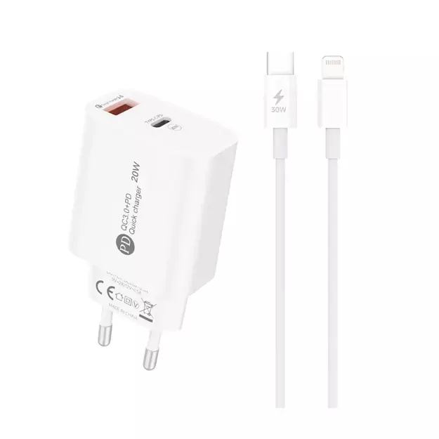 A6MaxL 20W USB-A USB-C Wall Charger with 1m USB-C - Lightning Cable - White