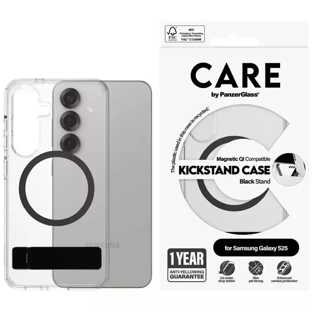 CARE by PanzerGlass Feature Black Kickstand &amp  QI Case for Samsung Galaxy S25 - Transparent