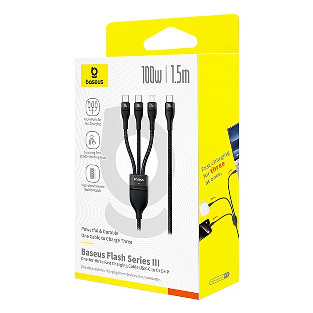 Baseus Flash Series 3 3in1 cable 100W USB-C - USB-C+USB-C+ Lightning 1.5m + 3 x 0.25 m - black 6
