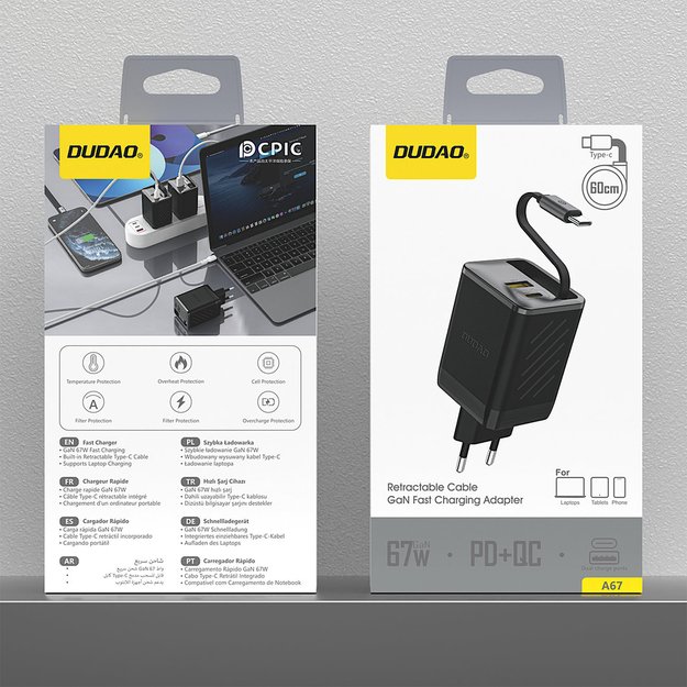 Dudao A67EU GaN 67W Wall Charger with Built-in Retractable USB-C Power Delivery Quick Charge Cable - Black 8