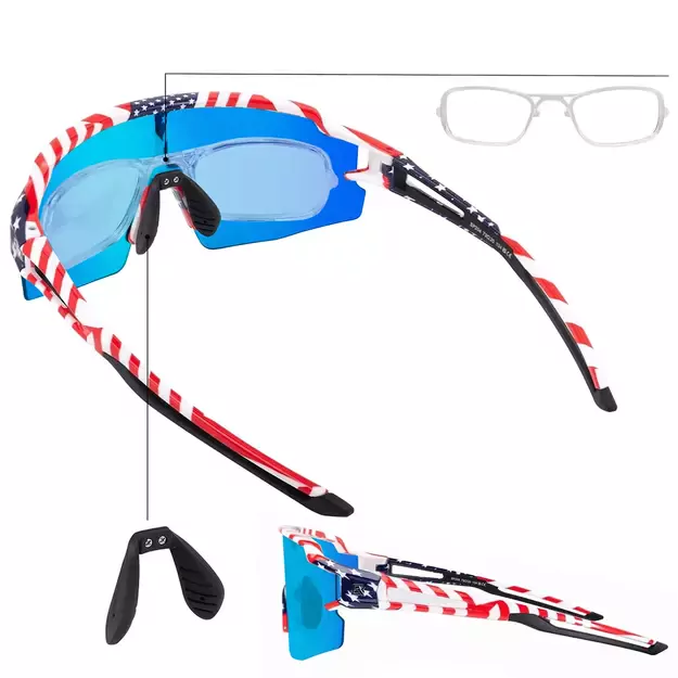 Rockbros Polarized Cycling Glasses with UV Protection and Corrective Insert Blue Lenses - USA Pattern - White 6