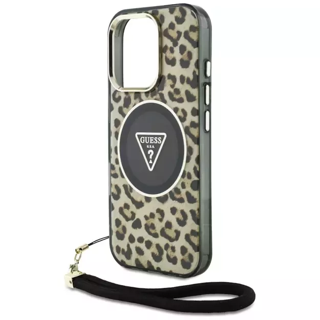 Guess HC IML Leopard Triangle Cord Strap MagSafe Case for iPhone 16 Pro - Brown 10