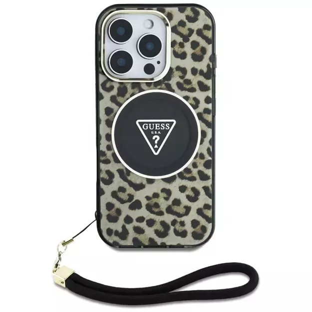 Guess HC IML Leopard Triangle Cord Strap MagSafe Case for iPhone 16 Pro - Brown 4