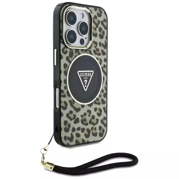 Guess HC IML Leopard Triangle Cord Strap MagSafe Case for iPhone 16 Pro - Brown 6