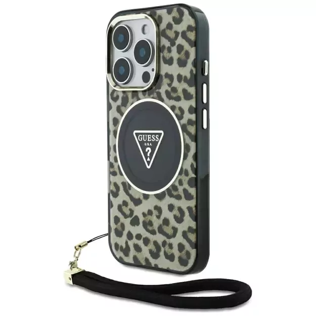 Guess HC IML Leopard Triangle Cord Strap MagSafe Case for iPhone 16 Pro - Brown