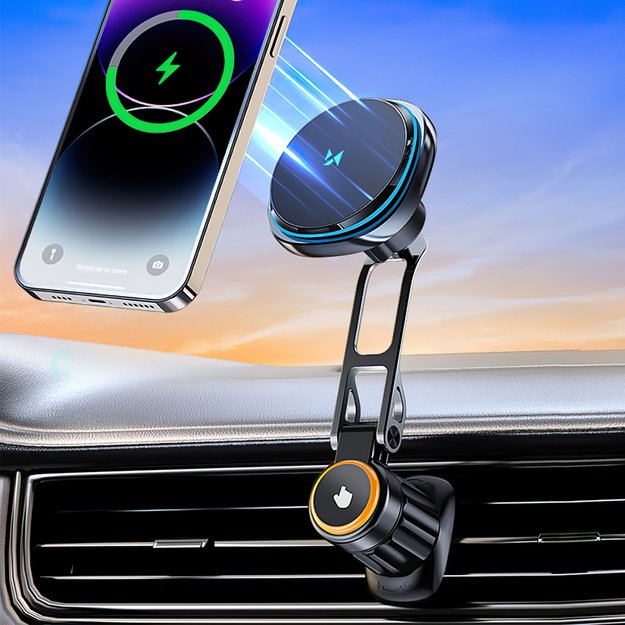 Wozinsky WCT5-6S2Y Car Holder with Qi/MagSafe 15W Wireless Charger and Air Vent Fan - Black 8