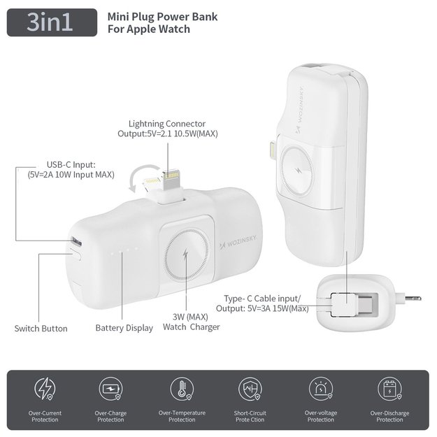 Wozinsky WF16-YLS 5000mAh 15W Lightning Mini Power Bank with Built-in USB-C Cable and Apple Watch Charger - White 11