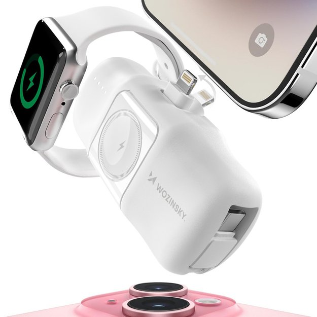 Wozinsky WF16-YLS 5000mAh 15W Lightning Mini Power Bank with Built-in USB-C Cable and Apple Watch Charger - White 5