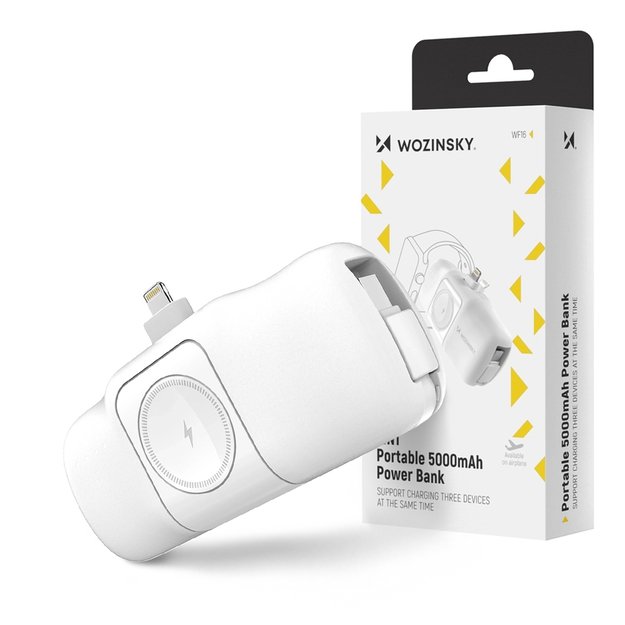 Wozinsky WF16-YLS 5000mAh 15W Lightning Mini Power Bank with Built-in USB-C Cable and Apple Watch Charger - White 12