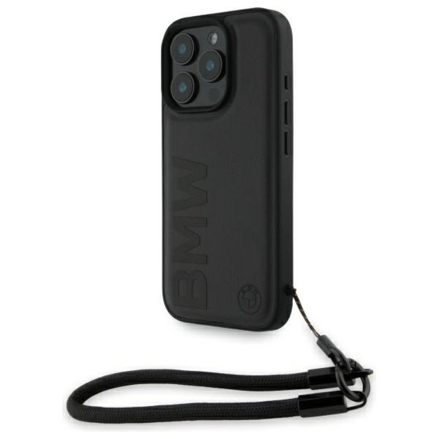 BMW Signature Leather Wordmark Cord Case for iPhone 16 Pro - Black