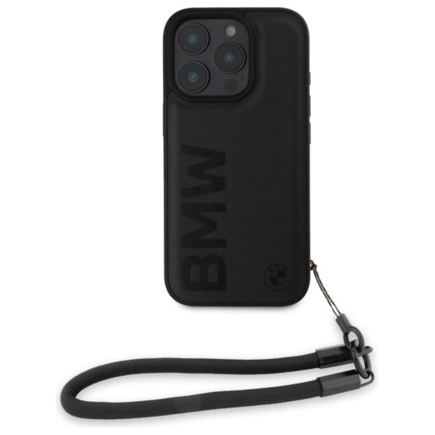 BMW Signature Leather Wordmark Cord Case for iPhone 16 Pro - Black 1