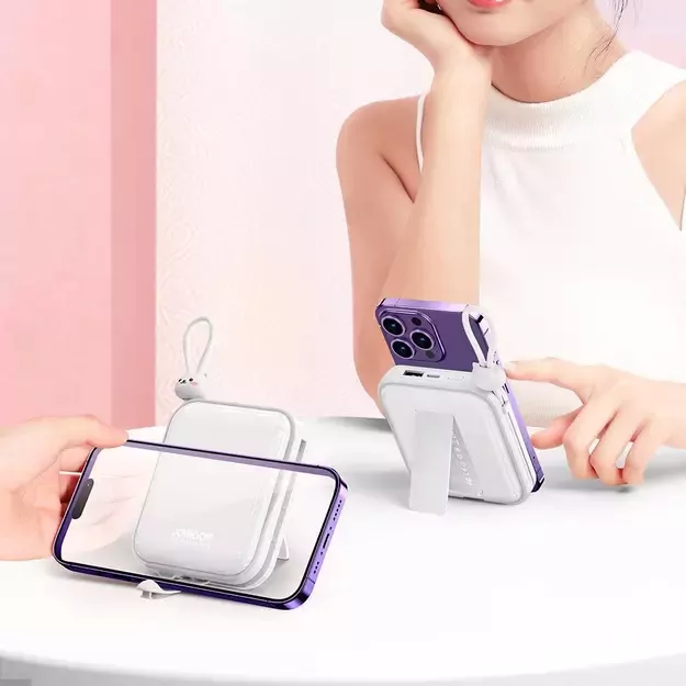 Joyroom powerbank with USB C and Lightning cables and Cutie Series stand 10000mAh 22.5W white (JR-L008) 8