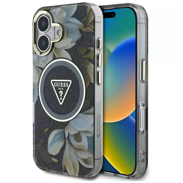 Guess Glitter Flowers Triangle Buttons MagSafe case for iPhone 16 black