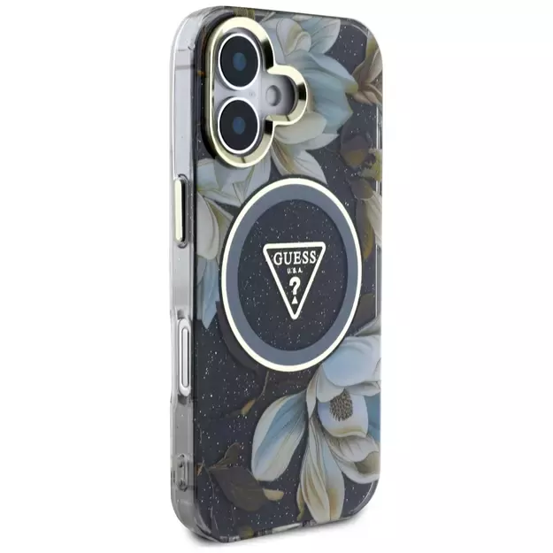 Guess Glitter Flowers Triangle Buttons MagSafe case for iPhone 16 black 10