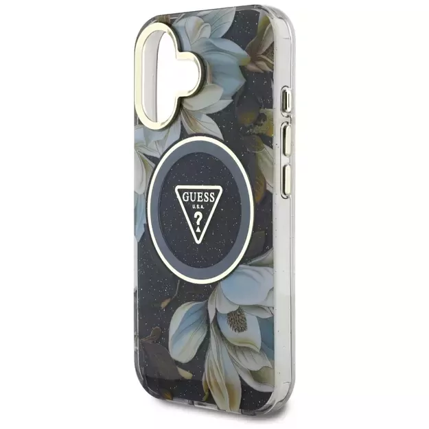Guess Glitter Flowers Triangle Buttons MagSafe case for iPhone 16 black 12