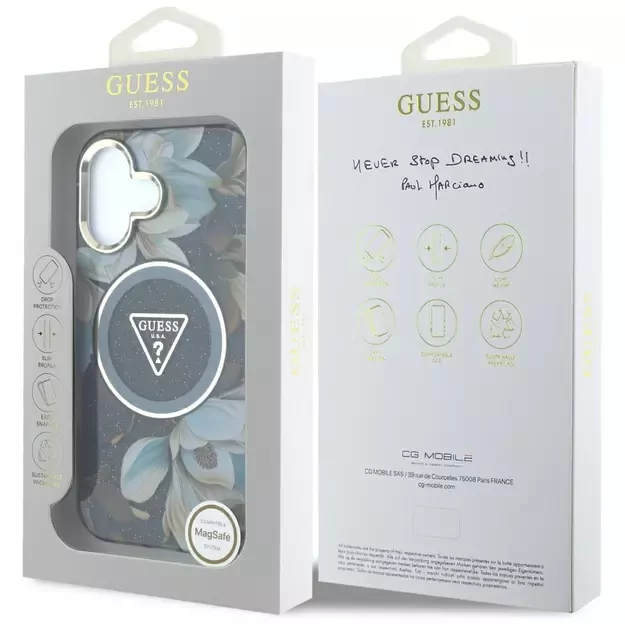 Guess Glitter Flowers Triangle Buttons MagSafe case for iPhone 16 black 14