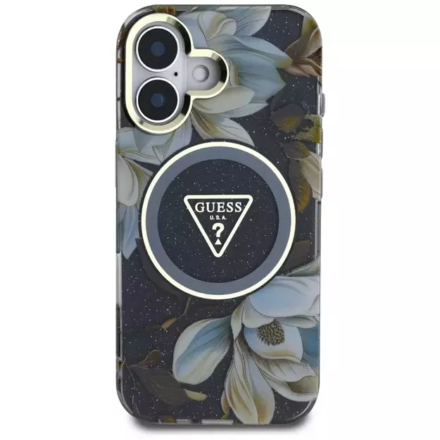 Guess Glitter Flowers Triangle Buttons MagSafe case for iPhone 16 black 9