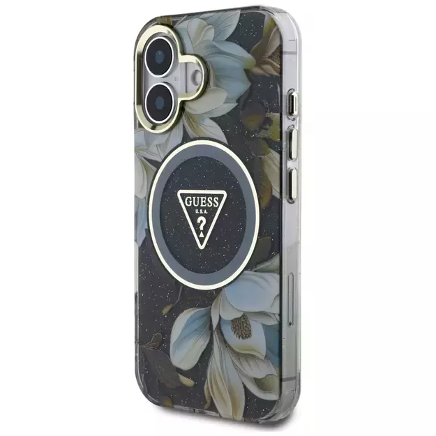 Guess Glitter Flowers Triangle Buttons MagSafe case for iPhone 16 black 8