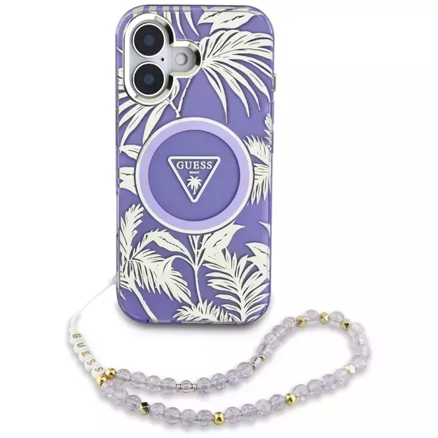 Guess Palm Trees Triangle Pearl Strap MagSafe case for iPhone 16 purple 1