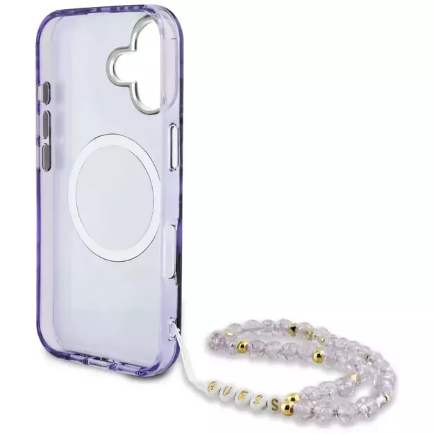 Guess Palm Trees Triangle Pearl Strap MagSafe case for iPhone 16 purple 5