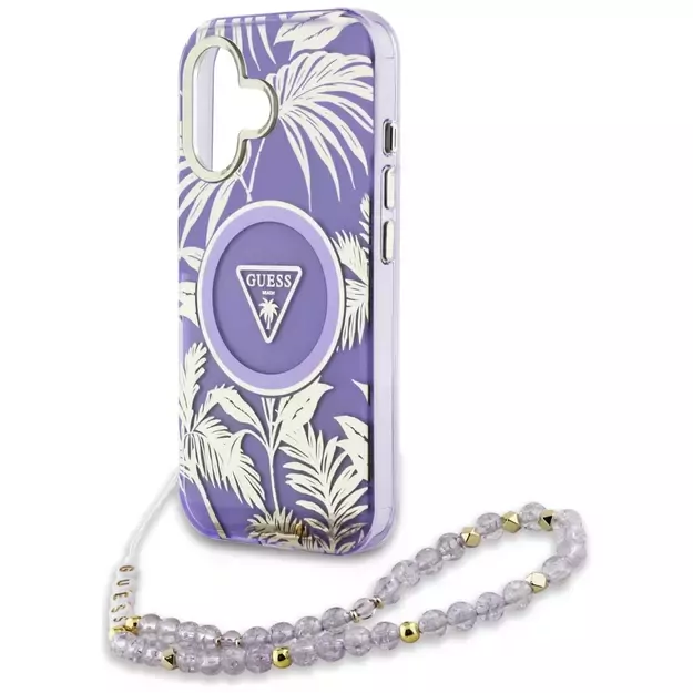 Guess Palm Trees Triangle Pearl Strap MagSafe case for iPhone 16 purple 4