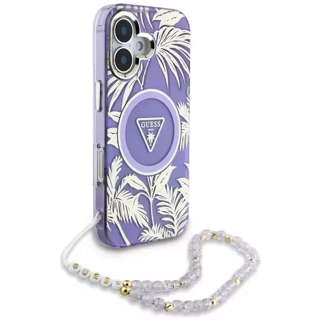 Guess Palm Trees Triangle Pearl Strap MagSafe case for iPhone 16 purple 2