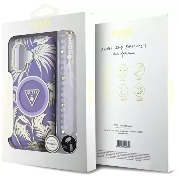 Guess Palm Trees Triangle Pearl Strap MagSafe case for iPhone 16 purple 6