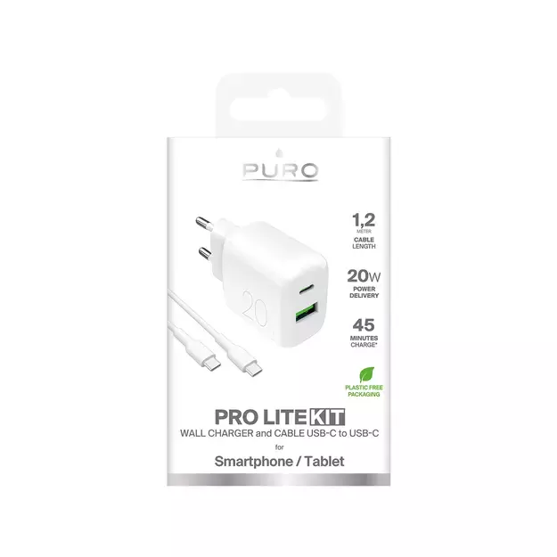 Puro PROLITE 20W USB-A / USB-C wall charger + USB-C - USB-C cable 1.2m - white 3