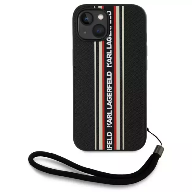 Karl Lagerfeld Saffiano Athleisure Stripes Cord iPhone 15 Case - Red