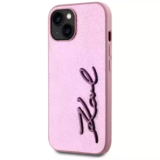 Karl Lagerfeld Wrinkled Metal Signature iPhone 15 Case - Pink 1