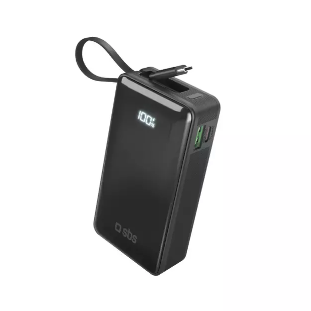 Powerbank SBS 10000 mAh 20W with built-in USB-C cable and digital display - black