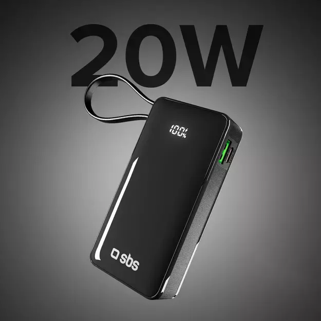 Powerbank SBS 10000 mAh 20W with built-in USB-C cable and digital display - black 3