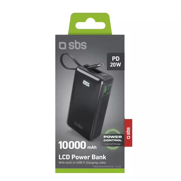 Powerbank SBS 10000 mAh 20W with built-in USB-C cable and digital display - black 1