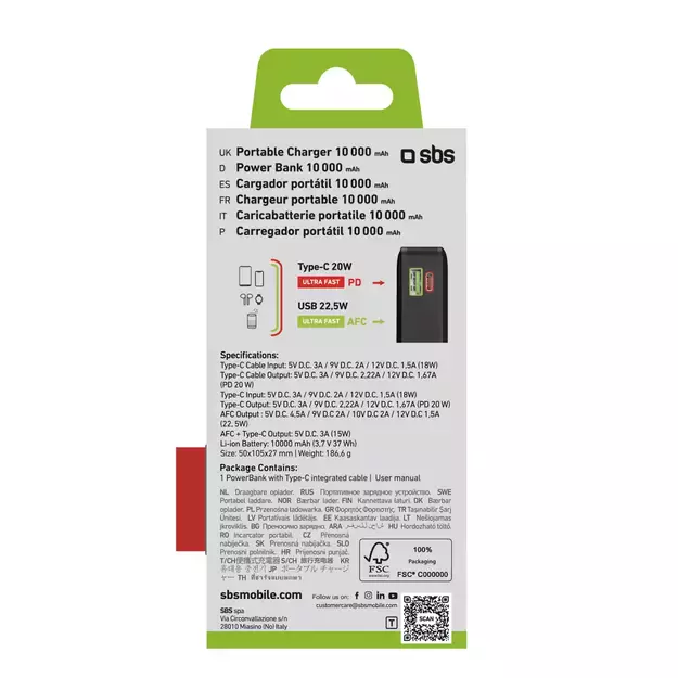 Powerbank SBS 10000 mAh 20W with built-in USB-C cable and digital display - black 2
