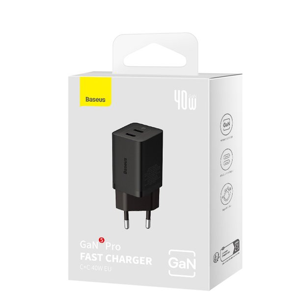 Baseus GaN5 Pro 40W 2xUSB-C Wall Charger - Black 6