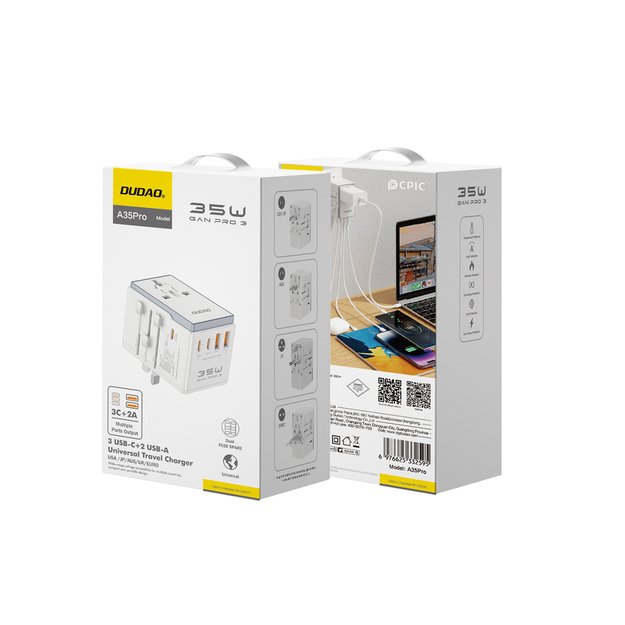 Dudao A35Pro 35W EU / UK / AUS / US / JP travel adapter 3x USB-C 2x USB-A - white 2