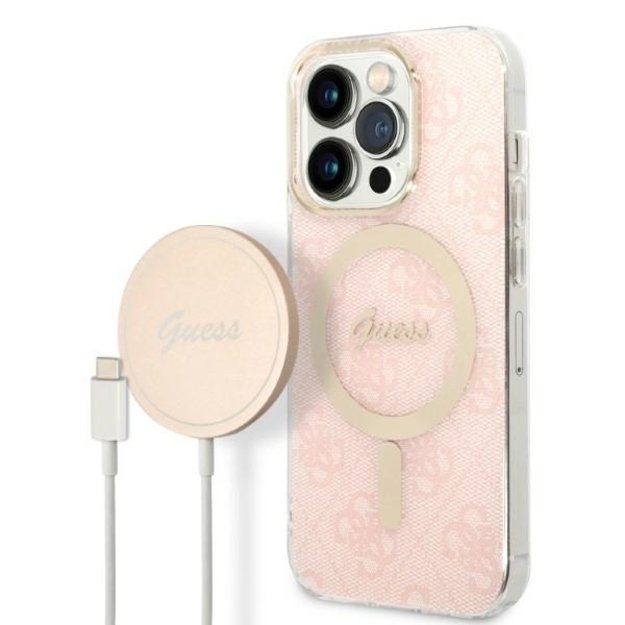Set Guess GUBPP14LH4EACSP Case+ Charger iPhone 14 Pro 6.1  pink/pink hard case 4G Print MagSafe