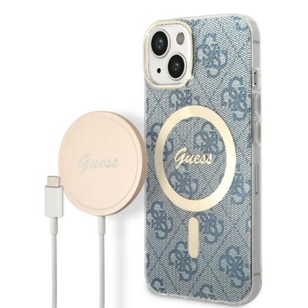 Set Guess GUBPP14SH4EACSB Case+ Charger iPhone 14 6.1  blue/blue hard case 4G Print MagSafe