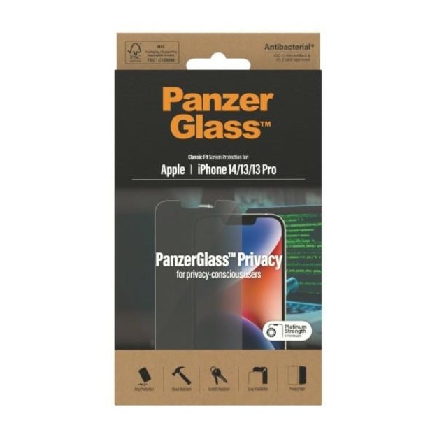 PanzerGlass Classic Fit Privacy Antibacterial Glass for iPhone 14/13 Pro/13 7