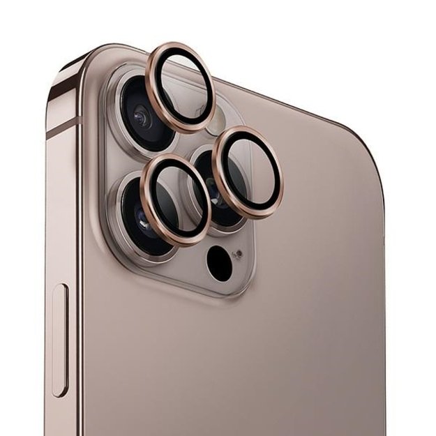 Uniq Optix Aluminum Camera Lens Protector iPhone 16 Pro 6.3&quot  / 16 Pro Max 6.9&quot  taupe gold camera lens glass with applicator