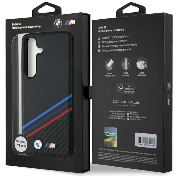 BMW Leather Tricolor Crossing Stripes MagSafe Case for Samsung Galaxy S25 - Black 7
