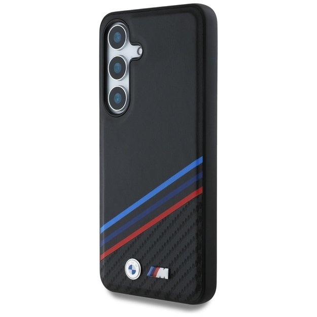 BMW Leather Tricolor Crossing Stripes MagSafe Case for Samsung Galaxy S25 - Black 1