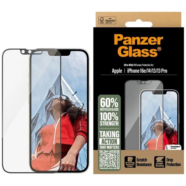 PanzerGlass Ultra-Wide Fit Tempered Glass for iPhone 13 / 13 Pro / 14 / 16e - Clear