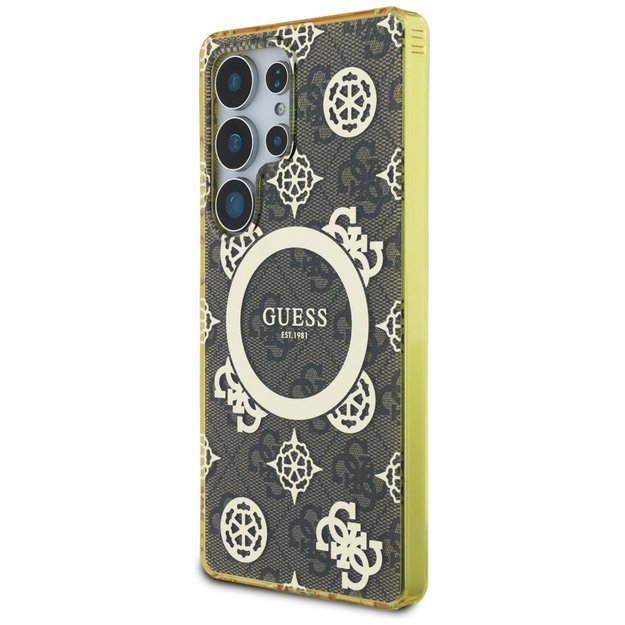 Guess 4G Background Gold Electroplated Peony Pattern MagSafe Case for Samsung Galaxy S25 Ultra Brown 1