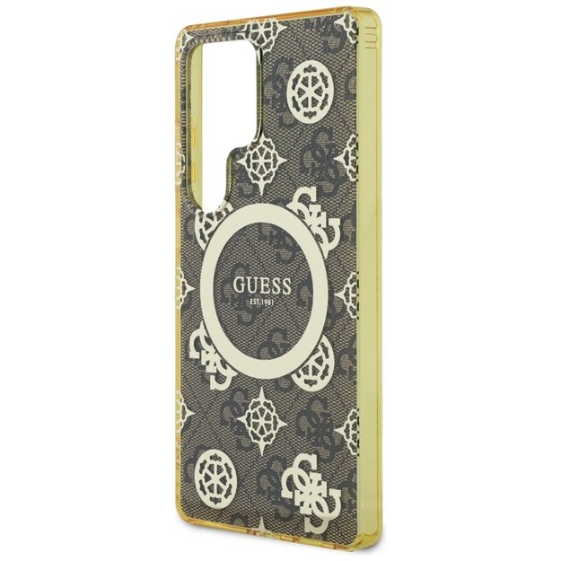 Guess 4G Background Gold Electroplated Peony Pattern MagSafe Case for Samsung Galaxy S25 Ultra Brown 5
